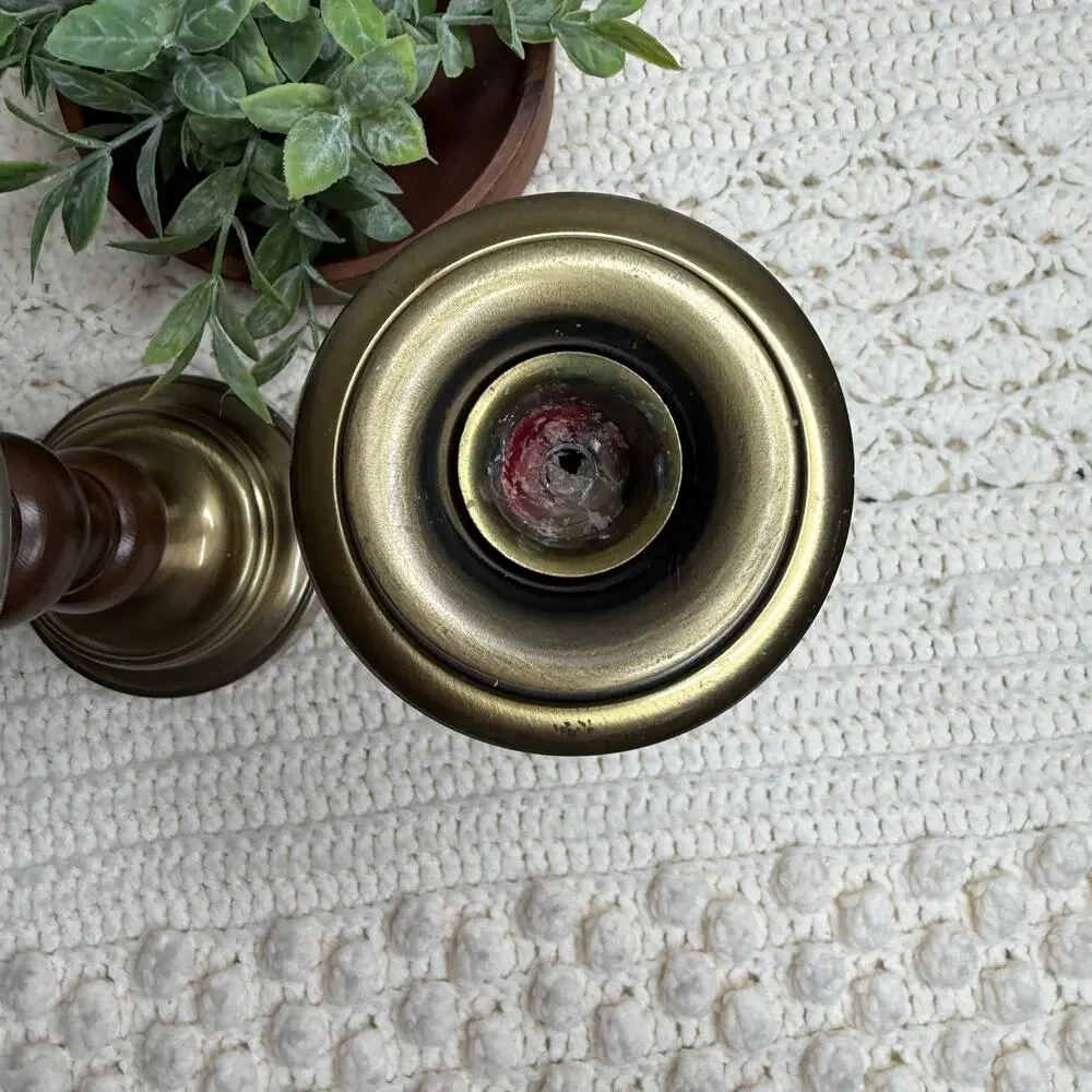 Vintage Mid Century Brass and Wood Candlestick Holders Set of Two Heavy